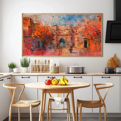 Jaipur Abstract Oil Painting canvas wall art shown in a kitchen