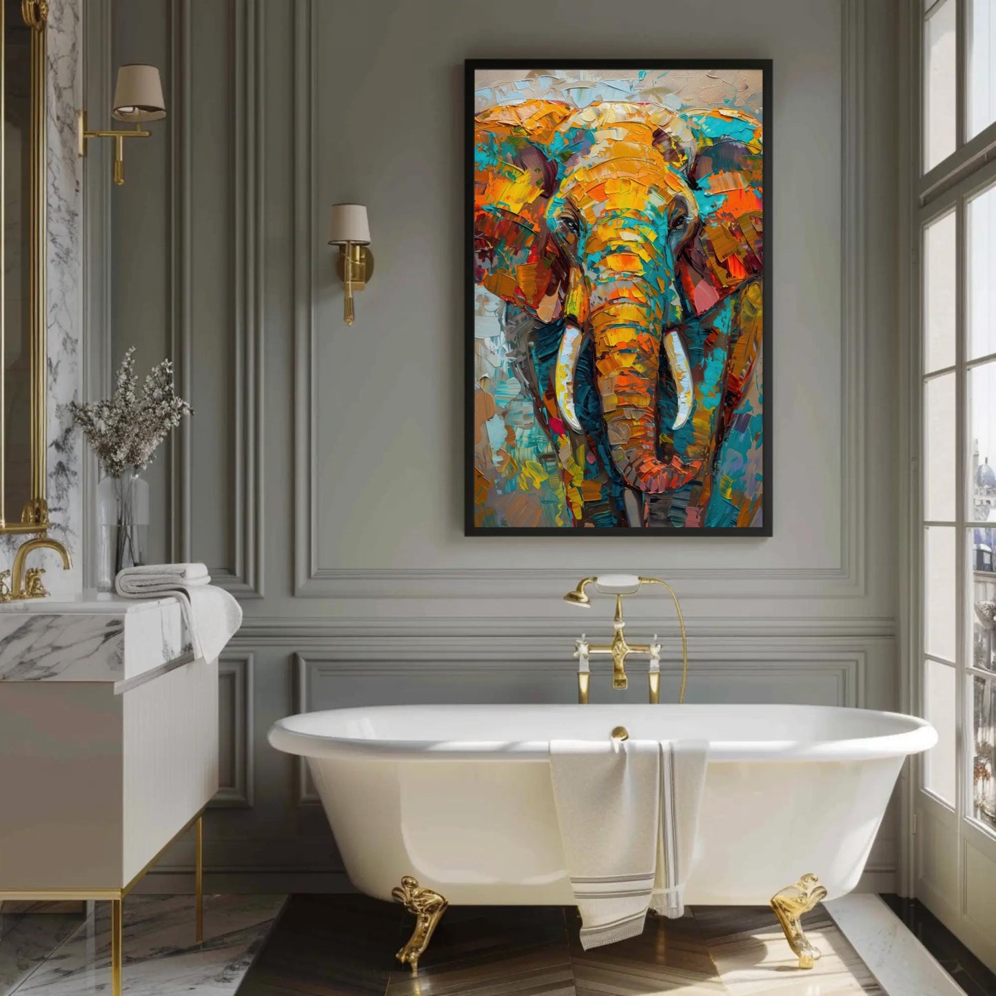 Vivid Elephant canvas wall art shown in a bathroom