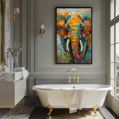 Vivid Elephant canvas wall art shown in a bathroom