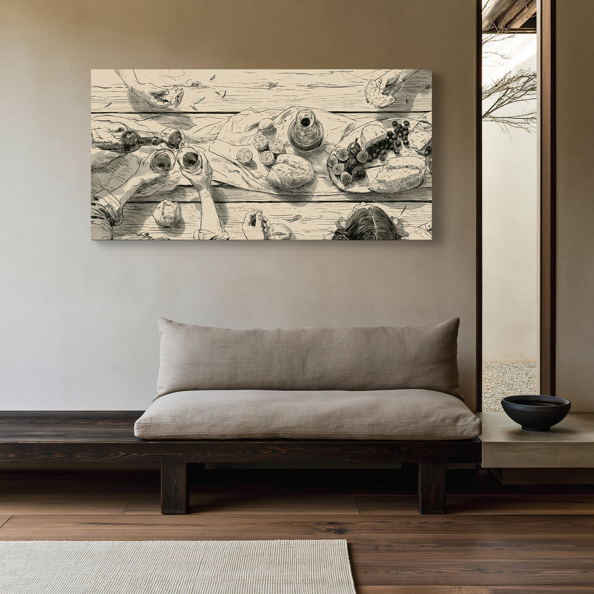 Dinner party canvas wall art, overhead ink sketch of friends sharing wine and bread at a table