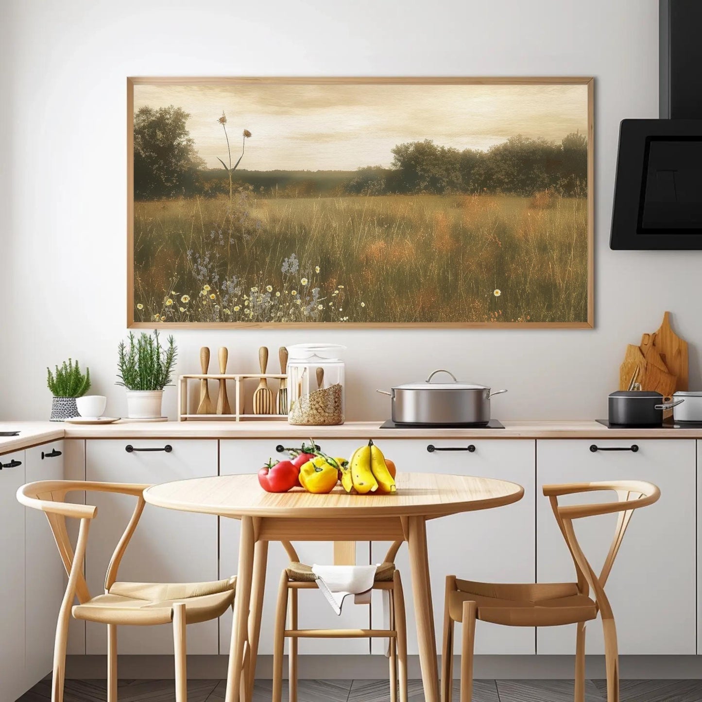 Wildflower Field Painting canvas wall art shown in a kitchen