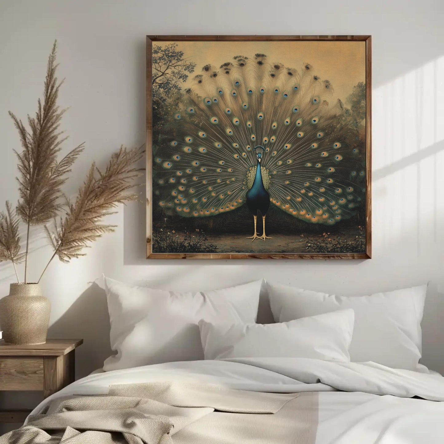 Peacock canvas wall art shown above a bed