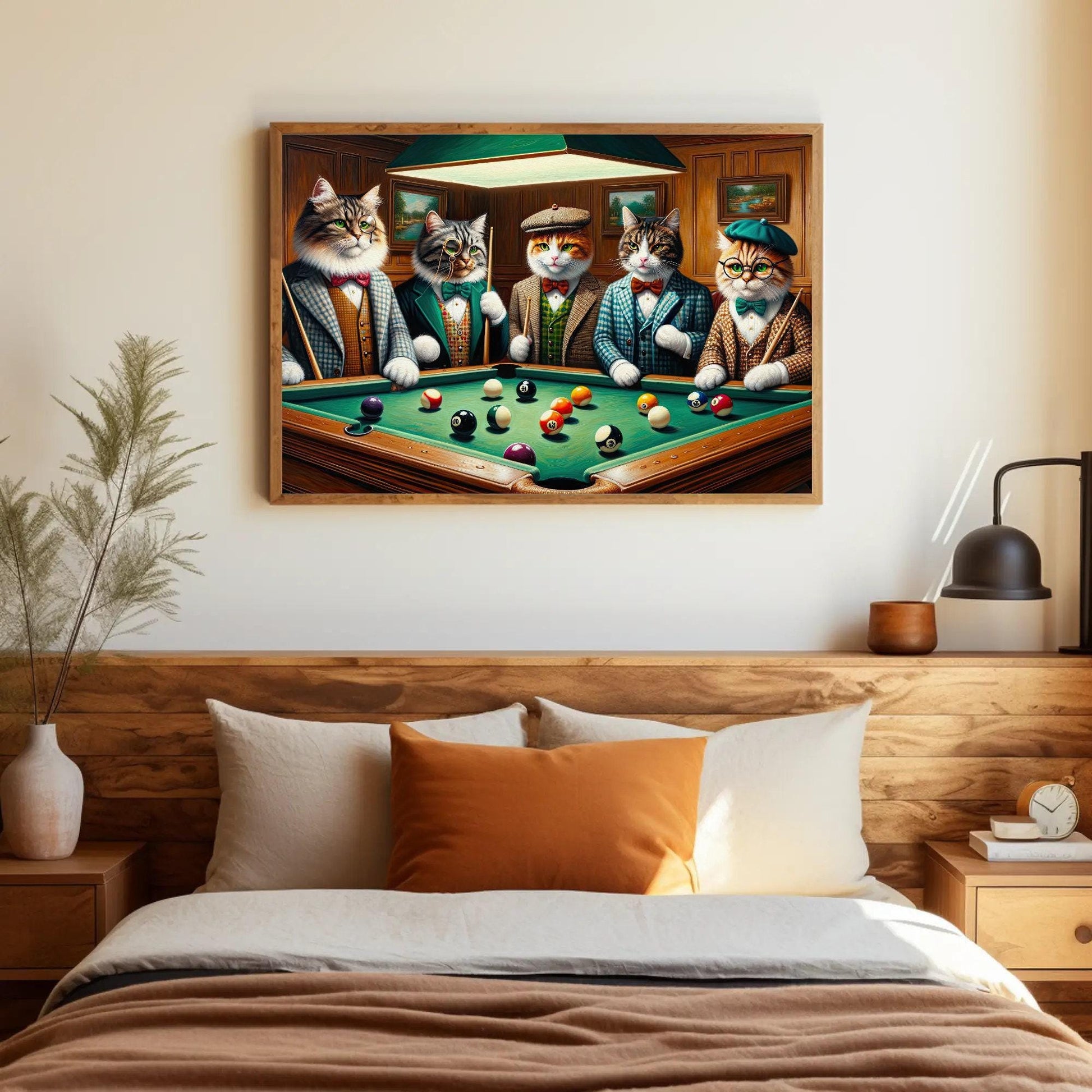 Cats Playing Pool , Whimsical Game Room canvas wall art shown in a styled room (view 2)