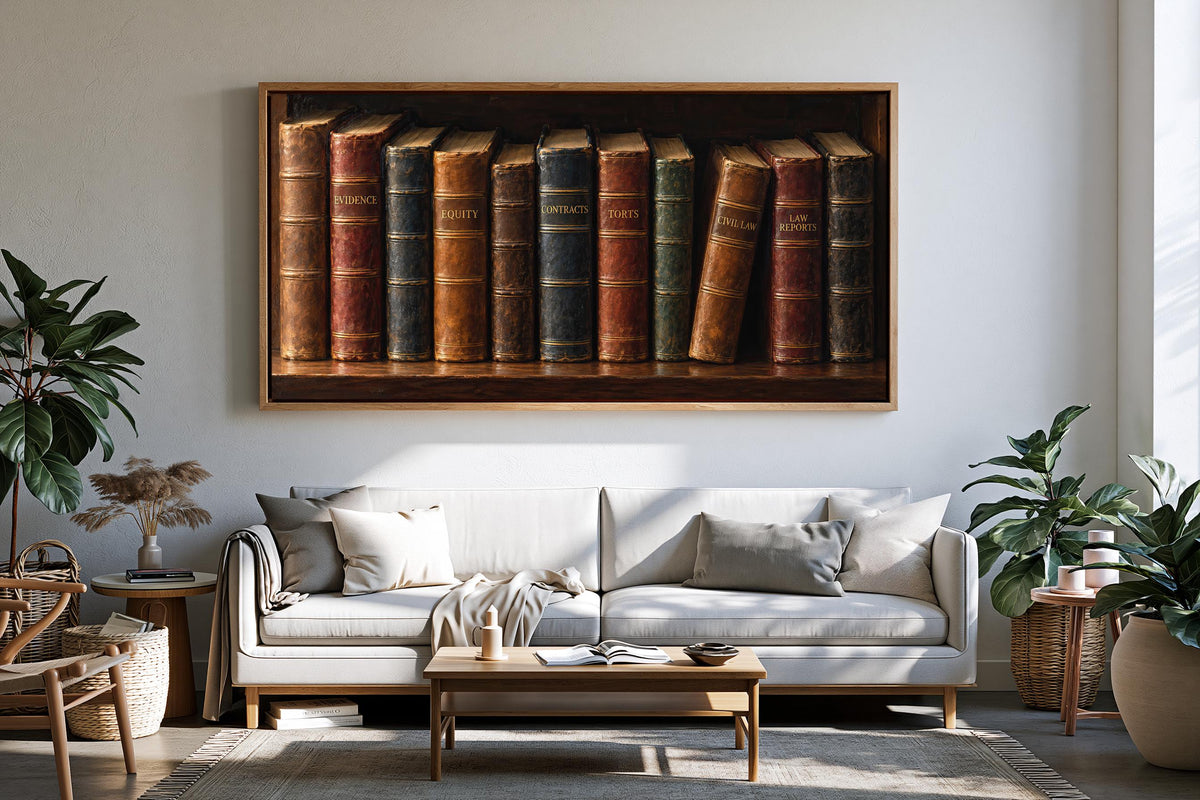 a cozy living room with a large framed painting of a shelf holding a row of colorful books above a white sofa.