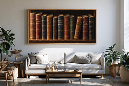 a cozy living room with a large framed painting of a shelf holding a row of colorful books above a white sofa.