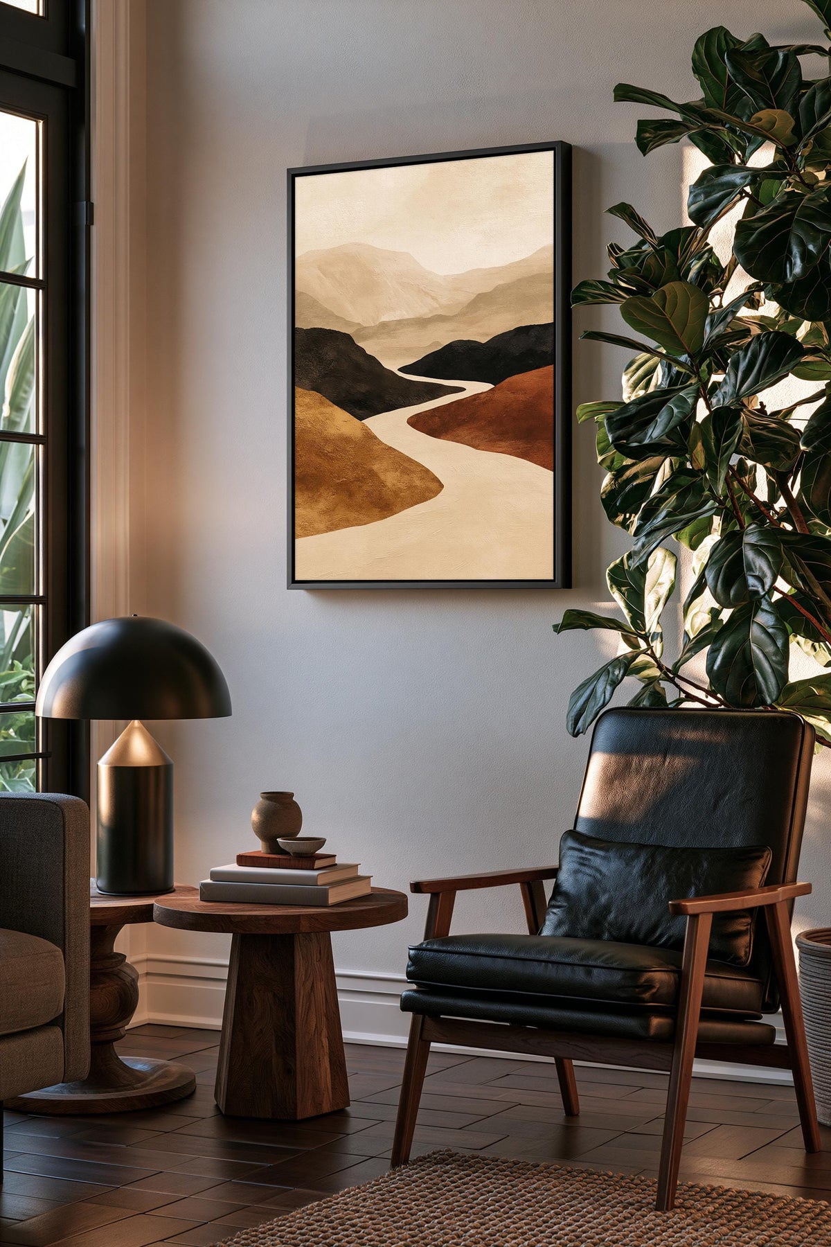 Abstract Mountain Wall Art, Winding River Canvas, Terracotta Ochre