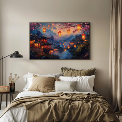 Chinese Village , Misty Mountain Lantern canvas wall art shown in a bedroom (view 2)