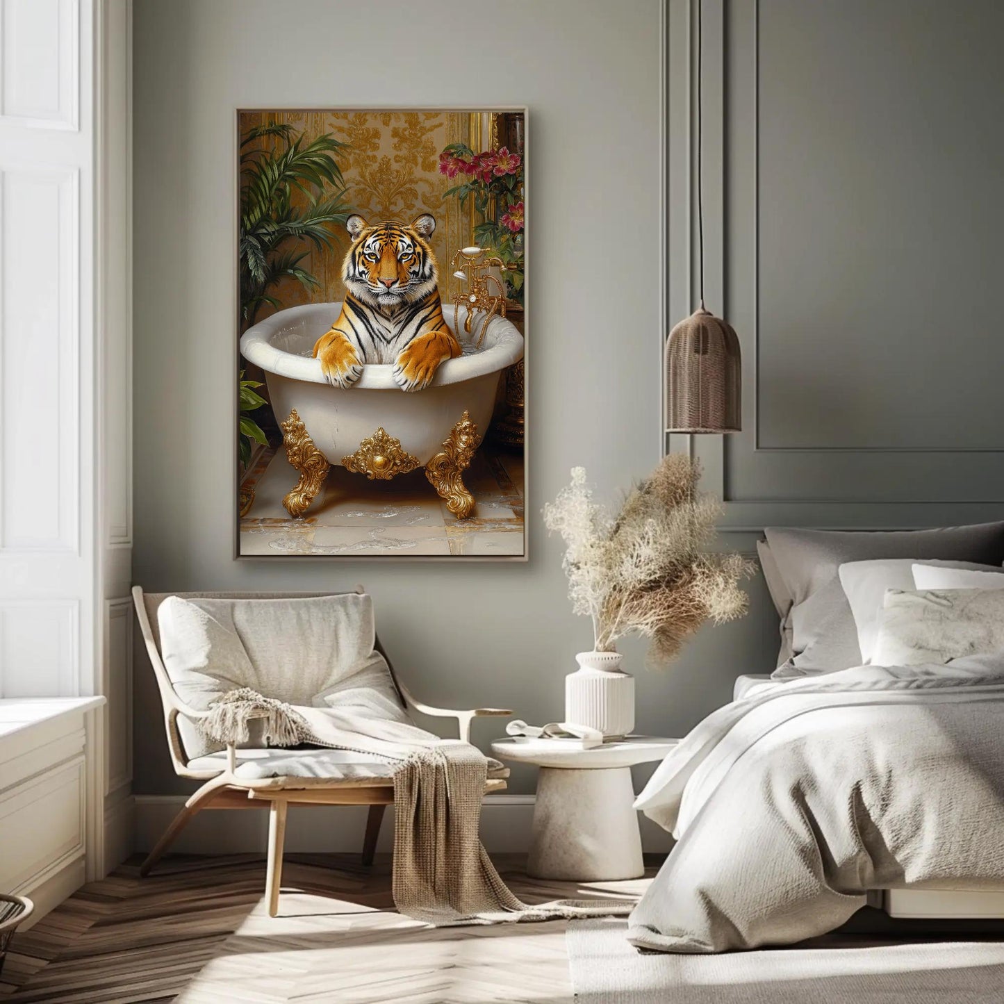 Tiger Bath canvas wall art shown in a styled room (view 4)