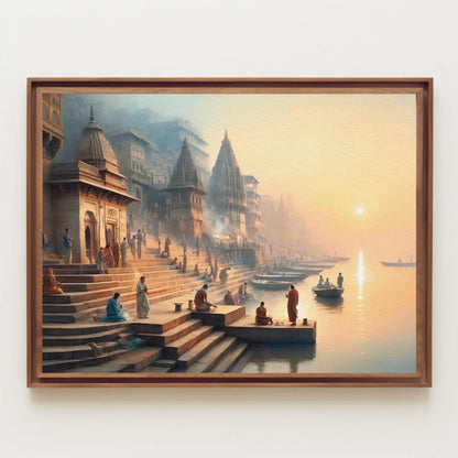 Varanasi canvas wall art shown in a styled room