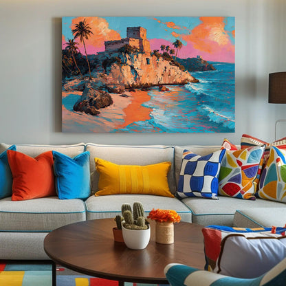 Tulum Ruins Oil Painting canvas wall art shown in a living room
