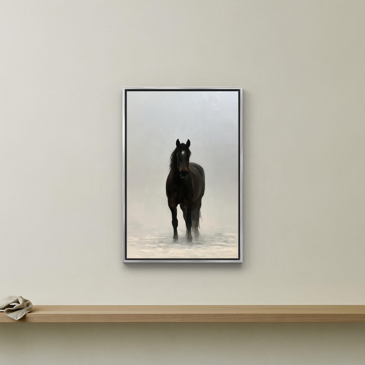 Black horse in mist canvas wall art, black horse standing in a snowy field, with a wooden shelf below it