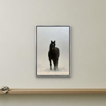 Black horse in mist canvas wall art, black horse standing in a snowy field, with a wooden shelf below it