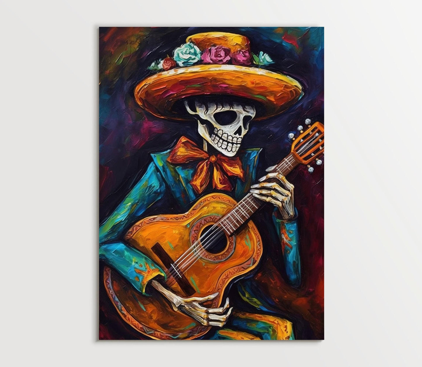 Mariachi Skeleton folk art canvas wall art, ready to hang