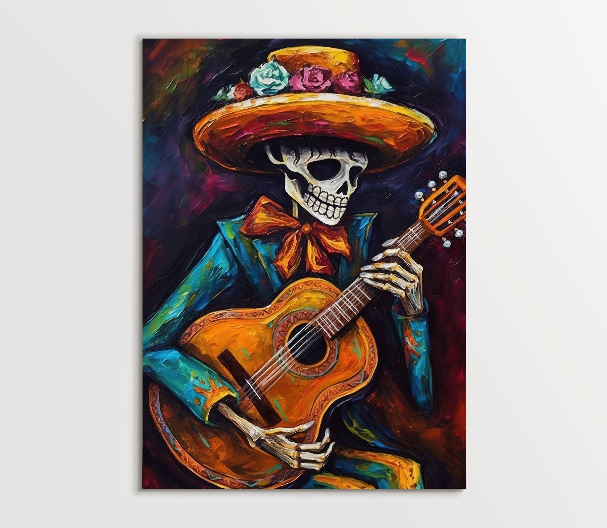 Mariachi Skeleton folk art canvas wall art, ready to hang