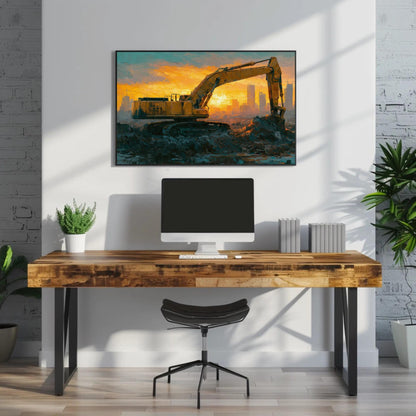 Excavator canvas wall art shown above a desk