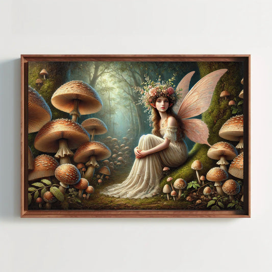 a painting of a fairy sitting in the middle of a forest