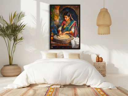 Indian Woman Roti , Traditional Desi Kitchen canvas wall art shown in a styled room (view 3)