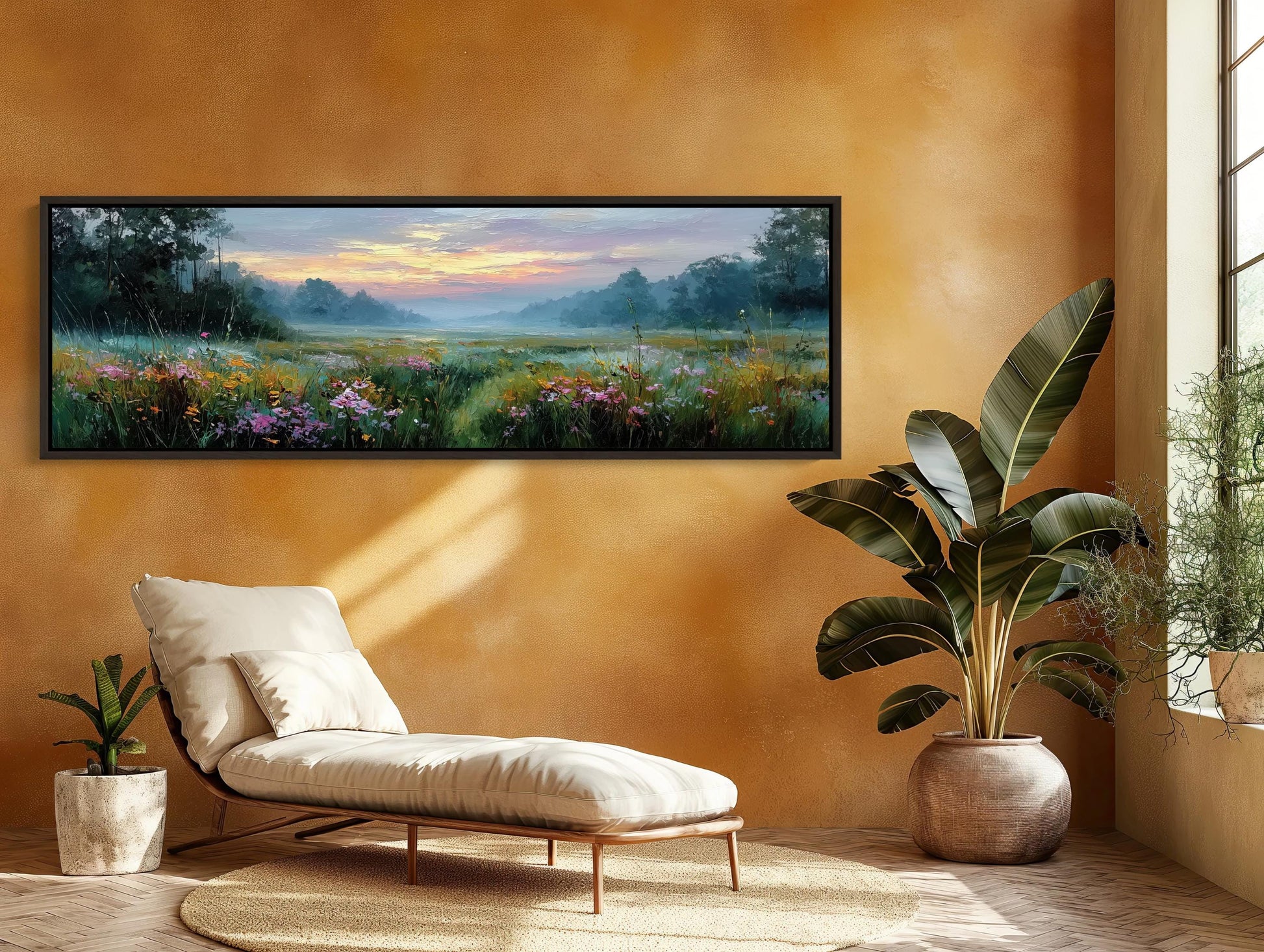 a serene living room with a large painting of a field of flowers hanging on the wall. The painting is framed in black and is placed above a white chair. The chair is positioned on a round rug, and there are two potted plants in the room, one on the left side and the other on the right side. The walls are painted in a warm orange color, and there is a window on the right side of the room.