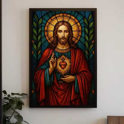 Sacred Heart of Jesus Canvas Print, Catholic Stained Glass Wall Art