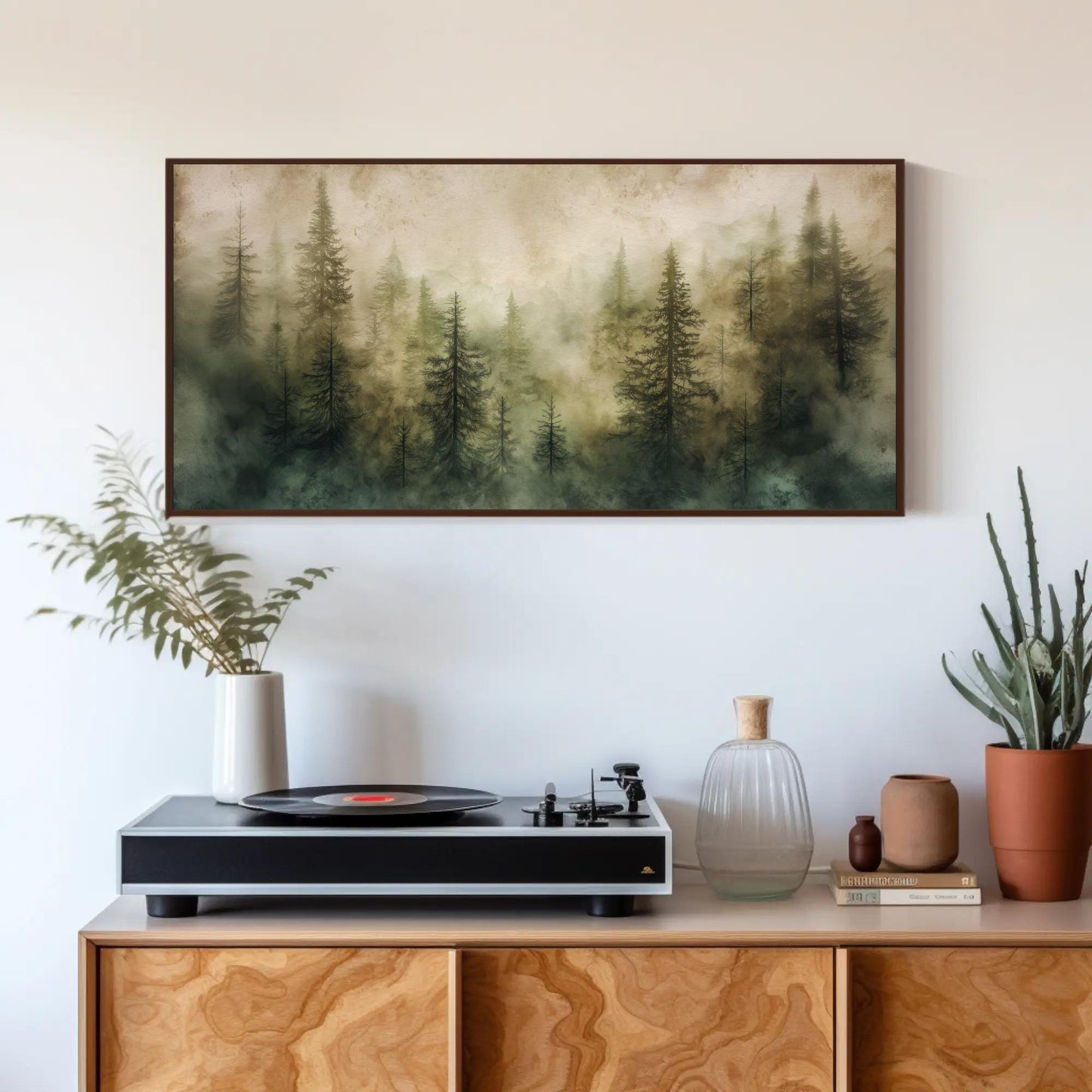 Misty Pine Forest canvas wall art shown above a cabinet