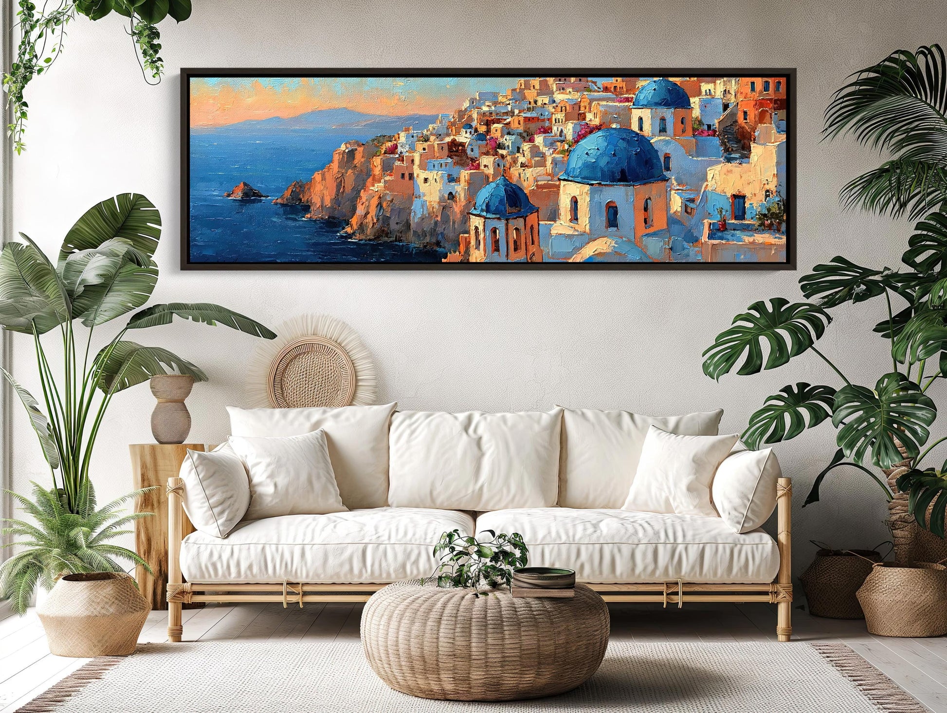 Santorini Cliffside Painting canvas wall art shown in a living room (view 2)