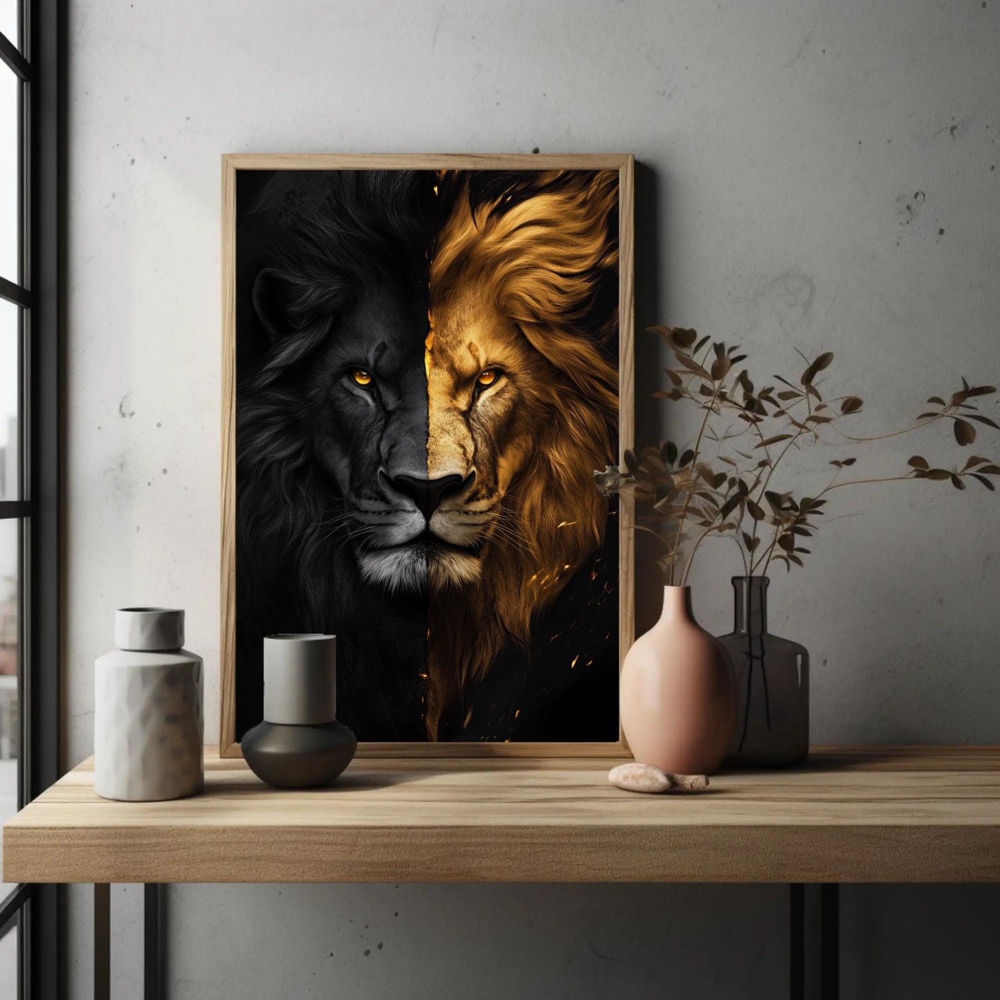 Black and Gold Lion canvas wall art shown in a styled room (view 2)