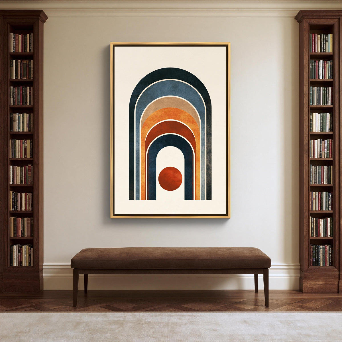 Boho rainbow arch and sun canvas wall art, large abstract painting hanging on a wall, with a brown bench in front of it. The