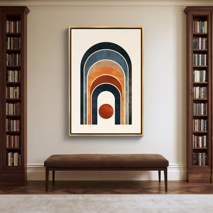 Boho rainbow arch and sun canvas wall art, large abstract painting hanging on a wall, with a brown bench in front of it. The