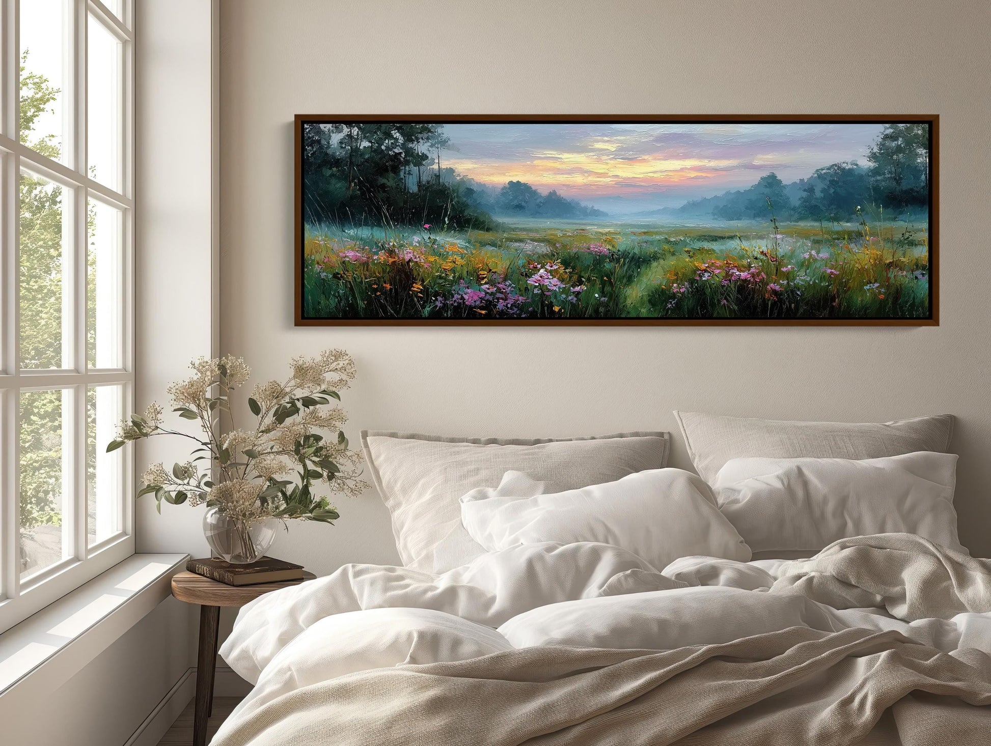 a bedroom with a large painting of a field of flowers hanging on the wall above a bed with white bedding.
