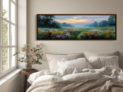 a bedroom with a large painting of a field of flowers hanging on the wall above a bed with white bedding.
