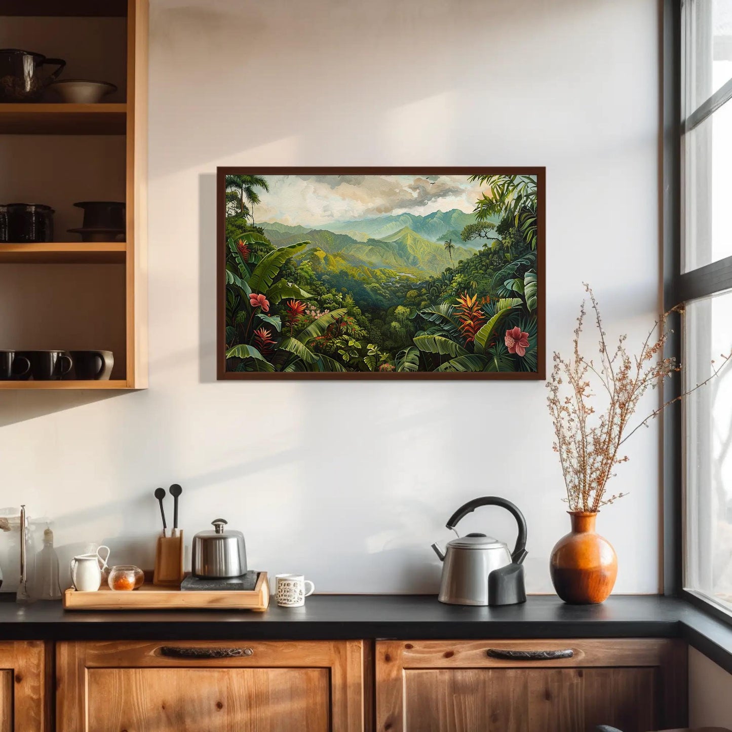 Costa Rica Tropical , Pura Vida Jungle canvas wall art shown in a kitchen
