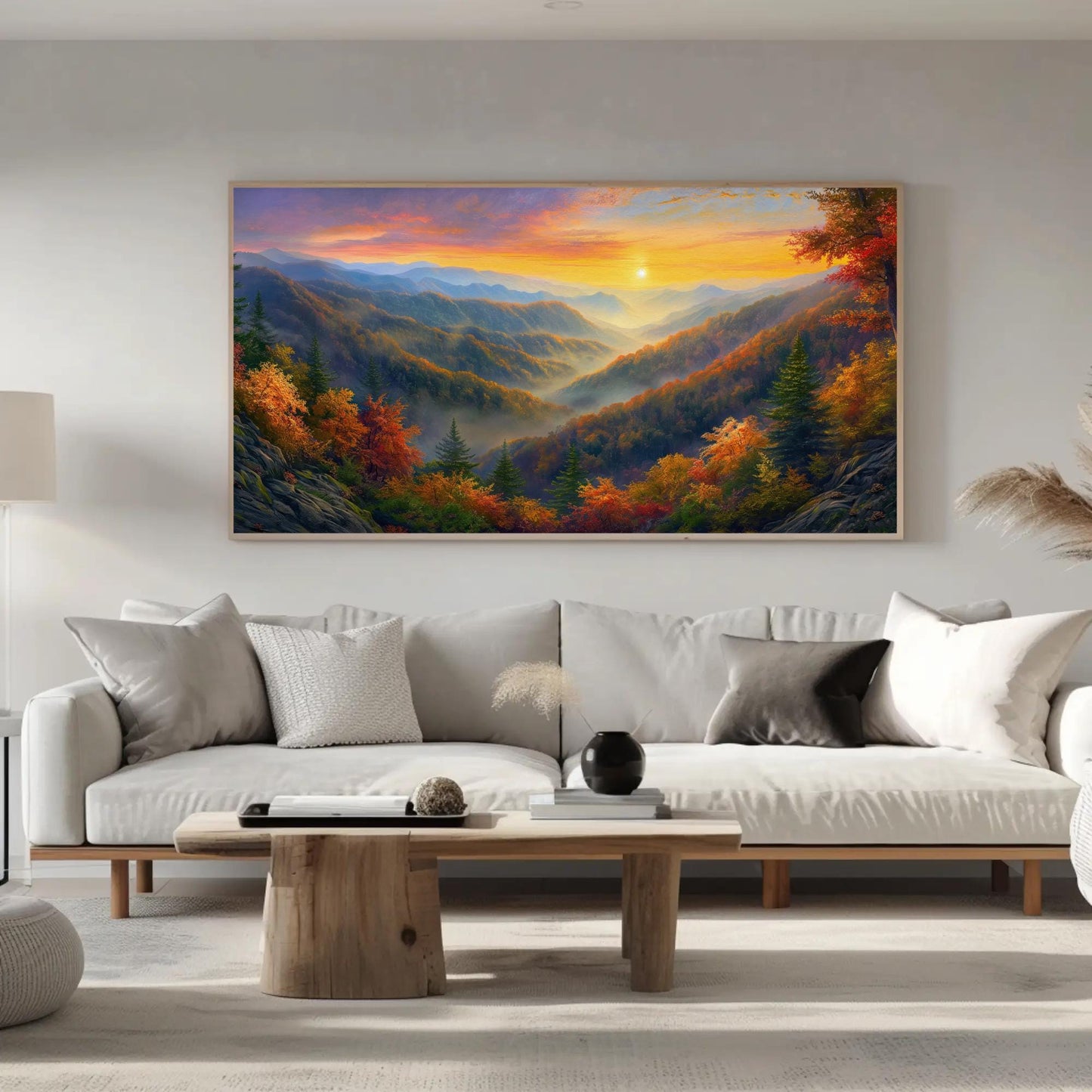 a living room with a large painting on the wall