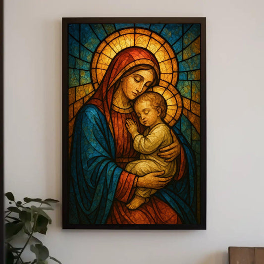 Virgin Mary Canvas Print – Madonna and Child Art | Stained Glass Religious Wall Decor