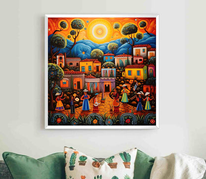 Mexican Folk Art , Colorful Village art deco canvas wall art, ready to hang