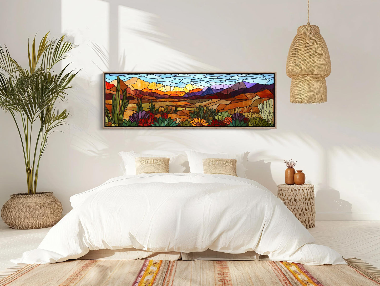 Agave Desert , Stained Glass Southwest canvas wall art shown in a bedroom (view 2)