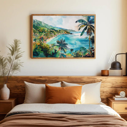 Watercolor canvas wall art shown in a bedroom