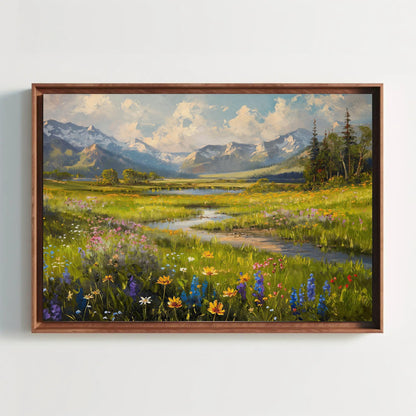 Vintage Mountain River Canvas Print, Meadow Field Wall Art