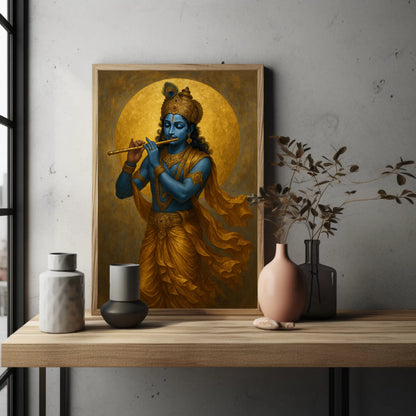 a framed painting of a blue-skinned Hindu deity playing a flute, placed on a wooden shelf next to a vase with flowers and other decorative items.
