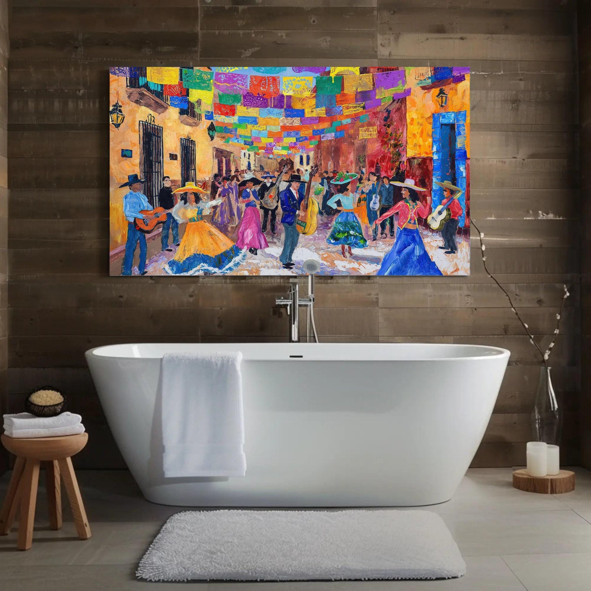 Mexican Street canvas wall art shown in a bathroom
