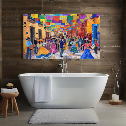 Mexican Street canvas wall art shown in a bathroom