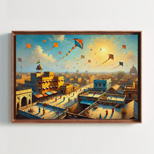 a painting of a city with kites in the sky