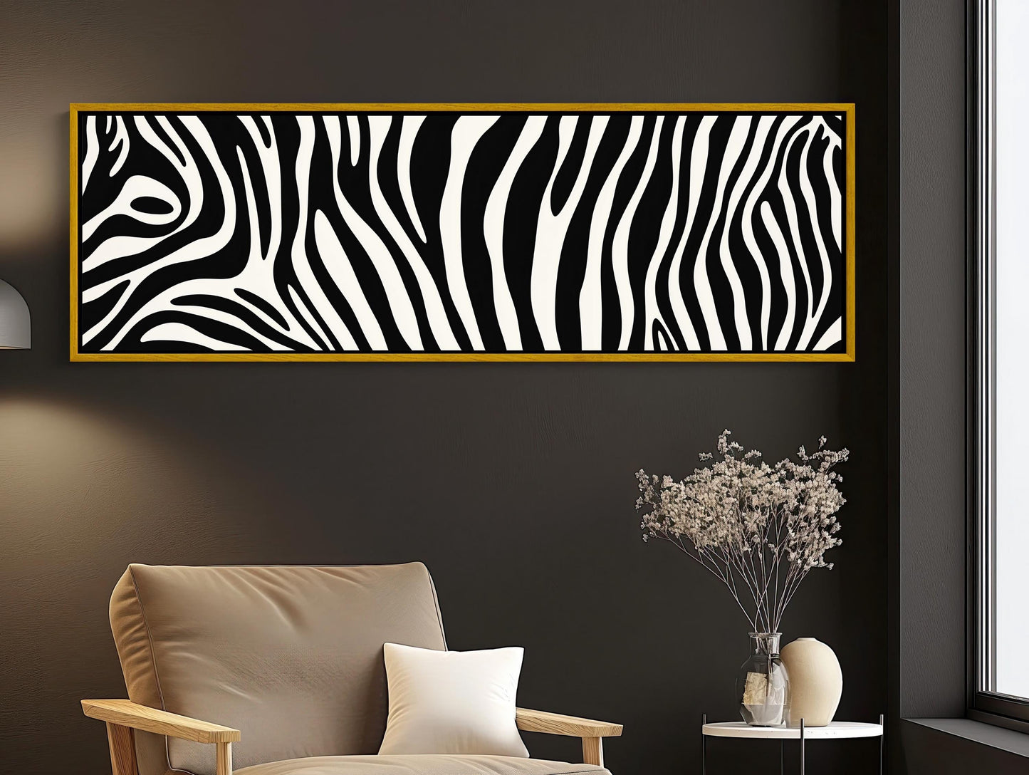 Zebra Stripe , Extra Large Black White canvas wall art shown in a living room (view 2)