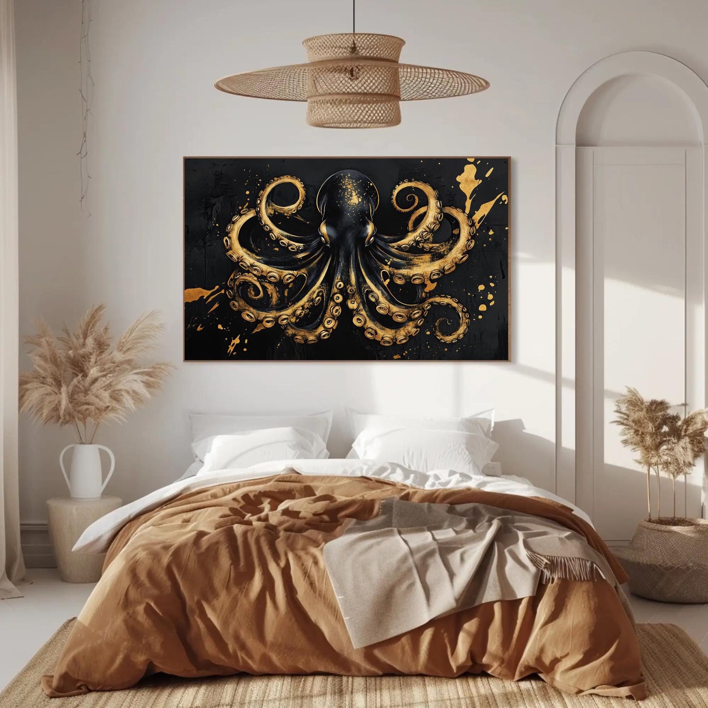 a bedroom with a bed and a painting on the wall
