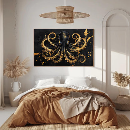 a bedroom with a bed and a painting on the wall