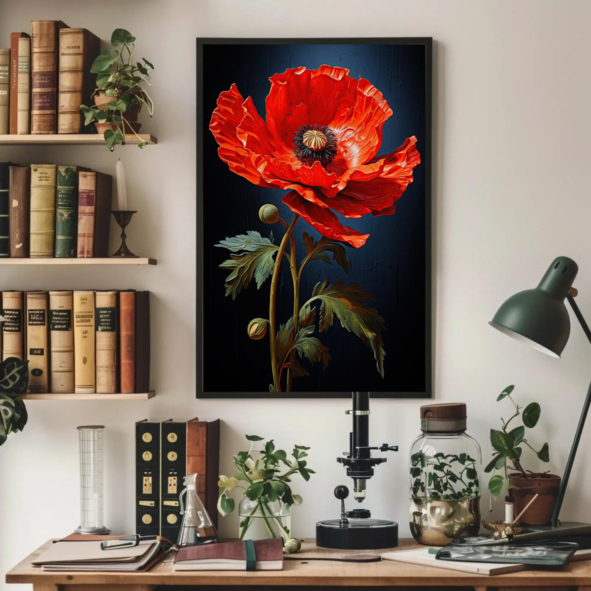 Red poppy on navy canvas wall art, large, vibrant red poppy flower in the center, surrounded by various objects such as a