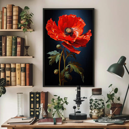Red poppy on navy canvas wall art, large, vibrant red poppy flower in the center, surrounded by various objects such as a