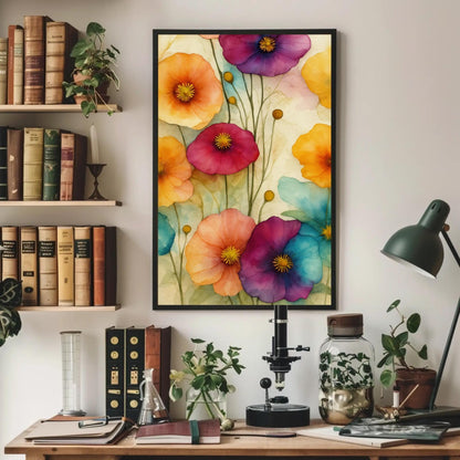 Colorful Poppy , Abstract Watercolor Floral modern canvas wall art, ready to hang