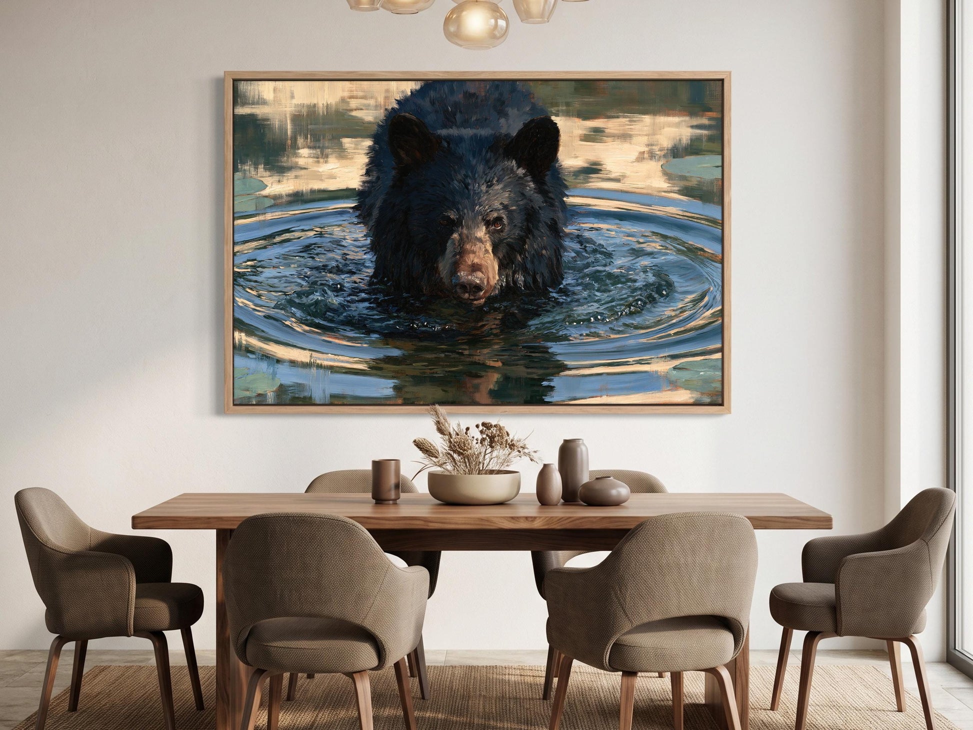 a large black bear swimming in a body of water, with a wooden dining table and chairs in the foreground.