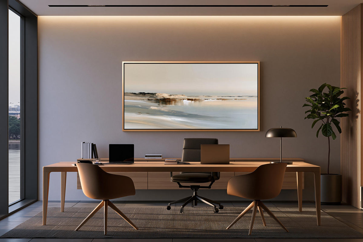a modern and minimalist office space with a large window overlooking a serene landscape. The office features a wooden desk with a laptop, a comfortable chair, and a framed landscape painting on the wall.