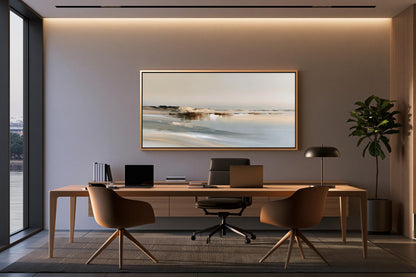 a modern and minimalist office space with a large window overlooking a serene landscape. The office features a wooden desk with a laptop, a comfortable chair, and a framed landscape painting on the wall.